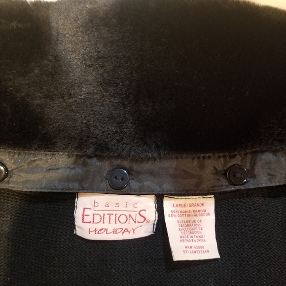 Basic Editions Holiday Poinsettia Beaded Sweater Removable Faux Fur Collar Sz L - Picture 7 of 7